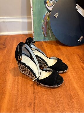 1901 Black Suede Peep-Toe Wedge Sandals with Patterned Espadrille Heel